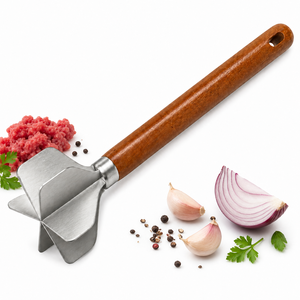 201 Stainless Steel 6 Blade Ground Beef Masher Meat Tomato Potato Masher With Wooden Handle
