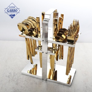 China Factory Direct Dishwasher Safe PVD Gold SS410 24pcs Cutlery Set Stand